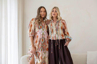 Bohemian Paisley Lace Drawstring Blouse - Soft Pink/ Soft Green. Sare Store