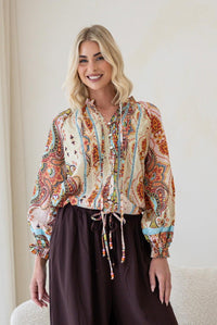 Bohemian Paisley Lace Drawstring Blouse - Soft Pink/ Soft Green. Sare Store
