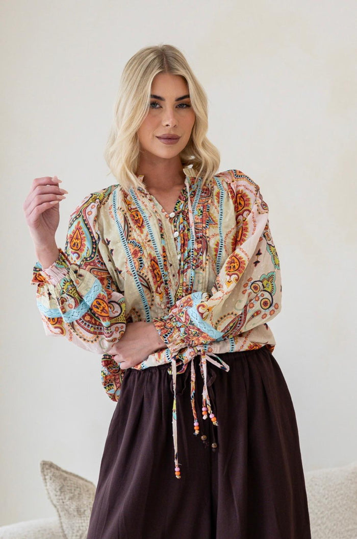 Bohemian Paisley Lace Drawstring Blouse - Soft Pink/ Soft Green. Sare Store
