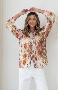 Bohemian Paisley Lace Trim Button Blouse - Soft Pink/ Soft Green. Sare Store