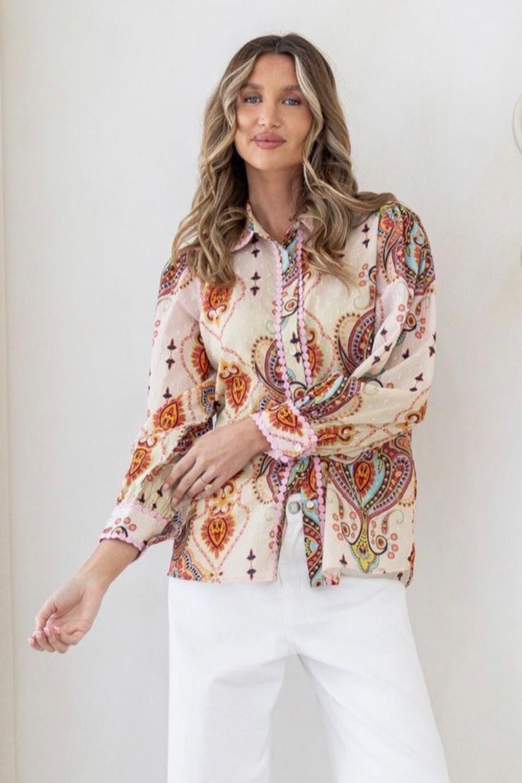 Bohemian Paisley Lace Trim Button Blouse - Soft Pink/ Soft Green. Sare Store