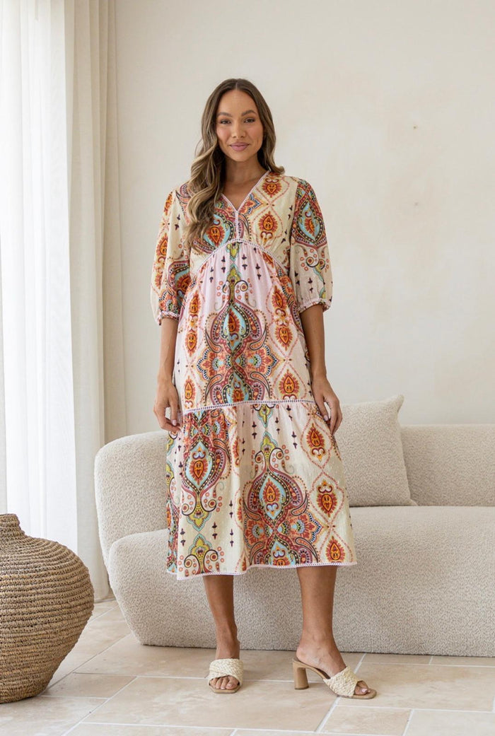 Bohemian Paisley Lace Trim Dress with separate slip - Soft Pink Soft Green. Sare Store