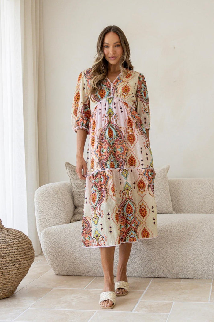 Bohemian Paisley Lace Trim Dress with separate slip - Soft Pink Soft Green. Sare Store