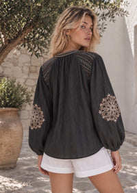 Boho Embroidered Tencel Blouse – Charcoal