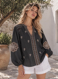 Boho Embroidered Tencel Blouse – Charcoal