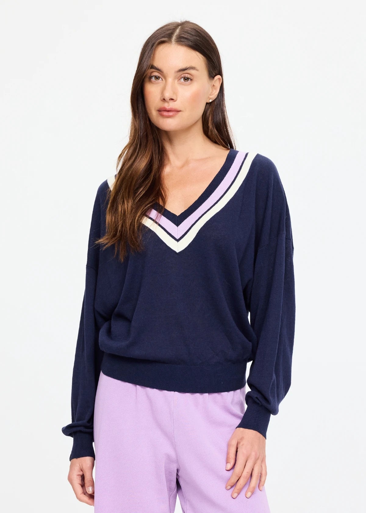 Bonita V Neck Knit - Navy. The Upside