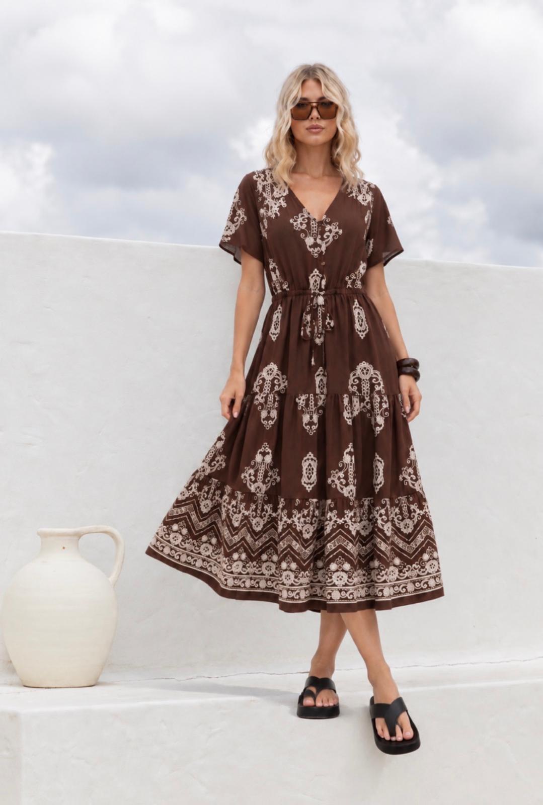 Button Through Boho Border Dress - Chocolate
