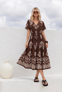 Button Through Boho Border Dress - Chocolate