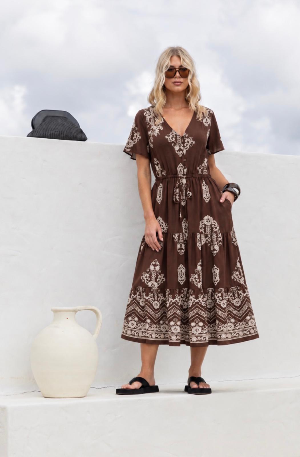 Button Through Boho Border Dress - Chocolate