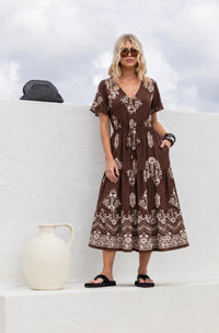 Button Through Boho Border Dress - Chocolate