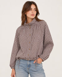 Button Through Drawstring Gingham Jacket - Chocolate/White