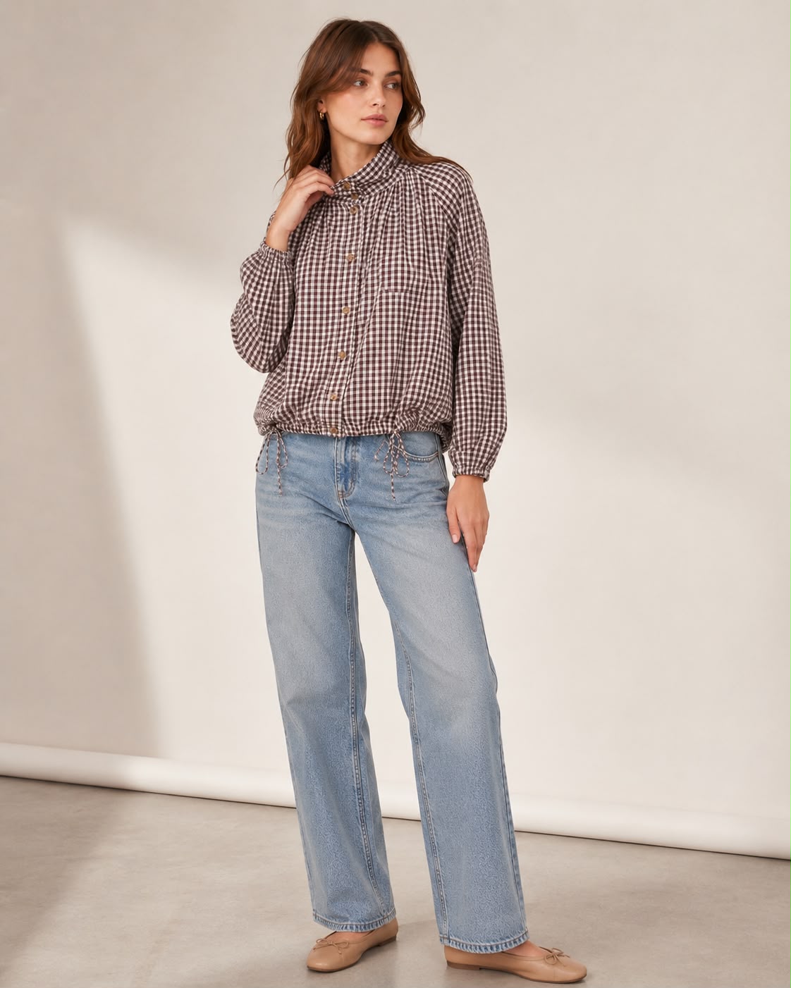 Button Through Drawstring Gingham Jacket - Chocolate/White