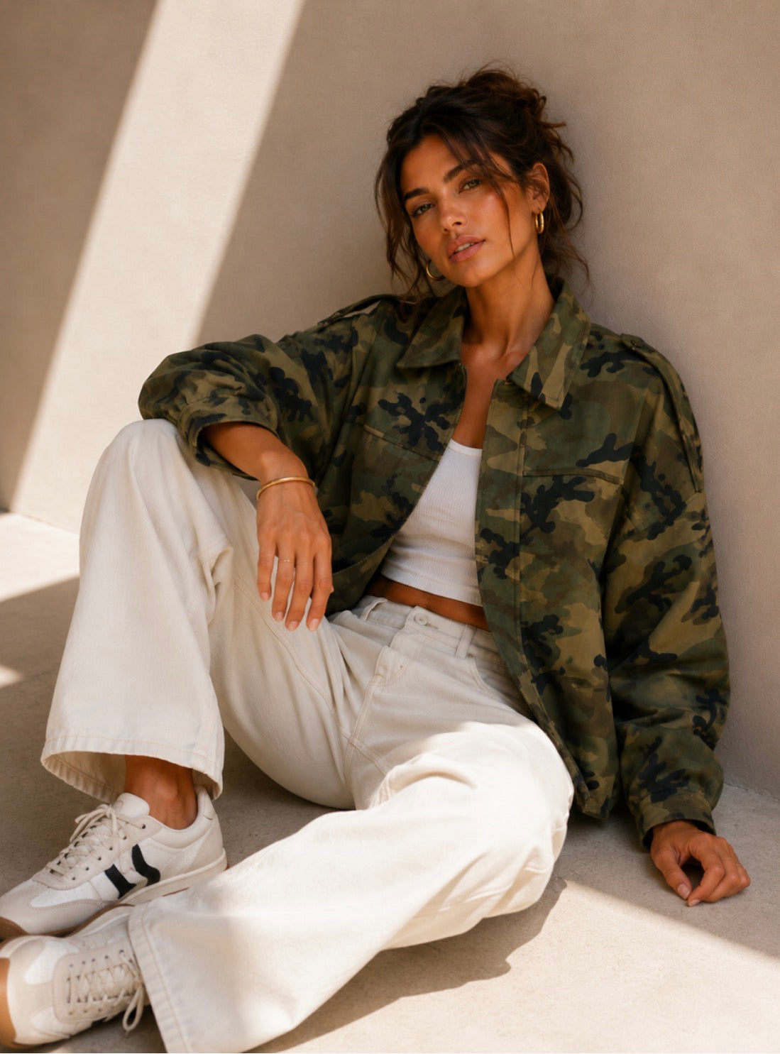 Suede Zip Gather Hem Bomber Jacket - Camo