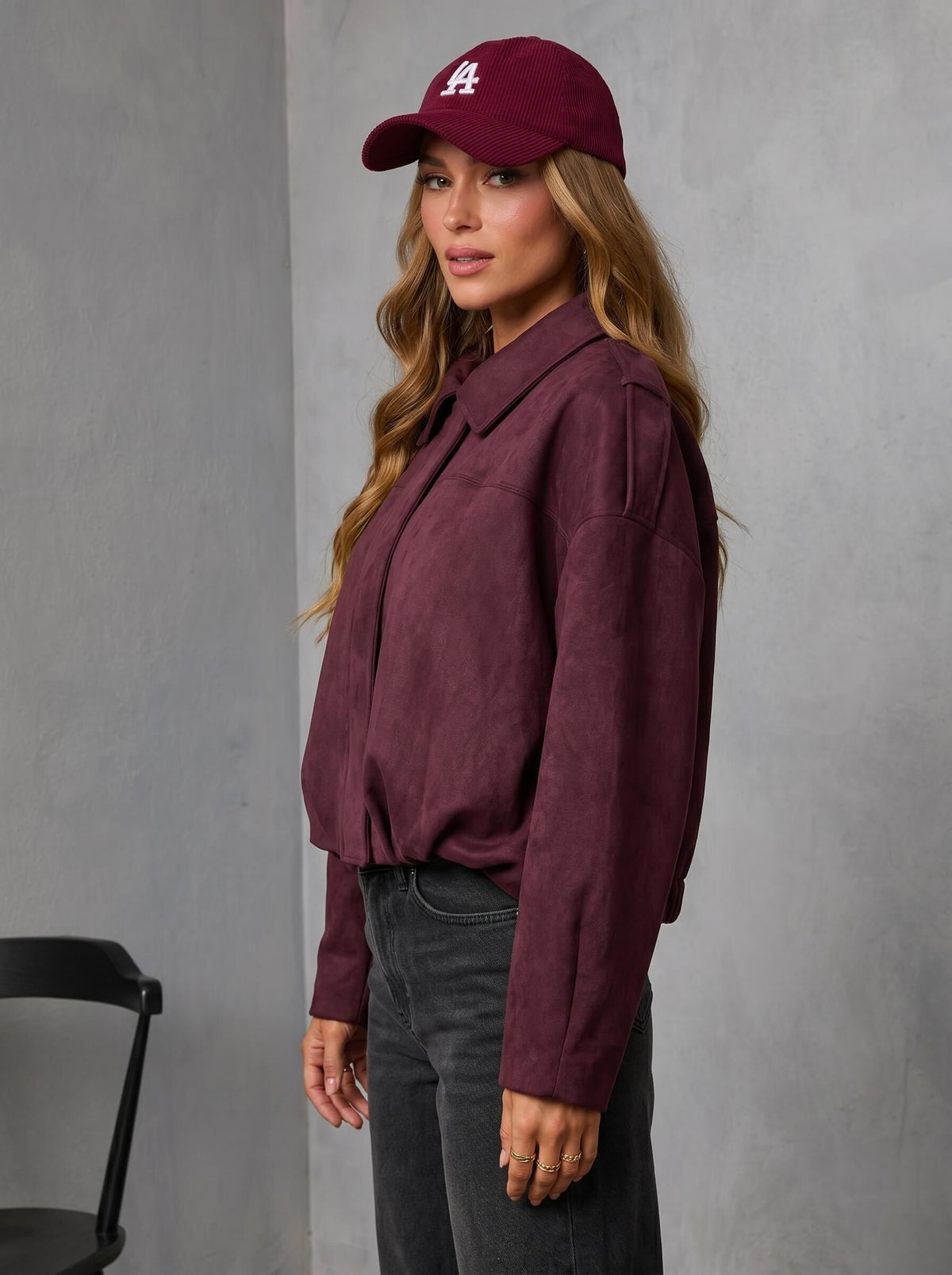 Suede Zip Gather Hem Bomber Jacket - Wine