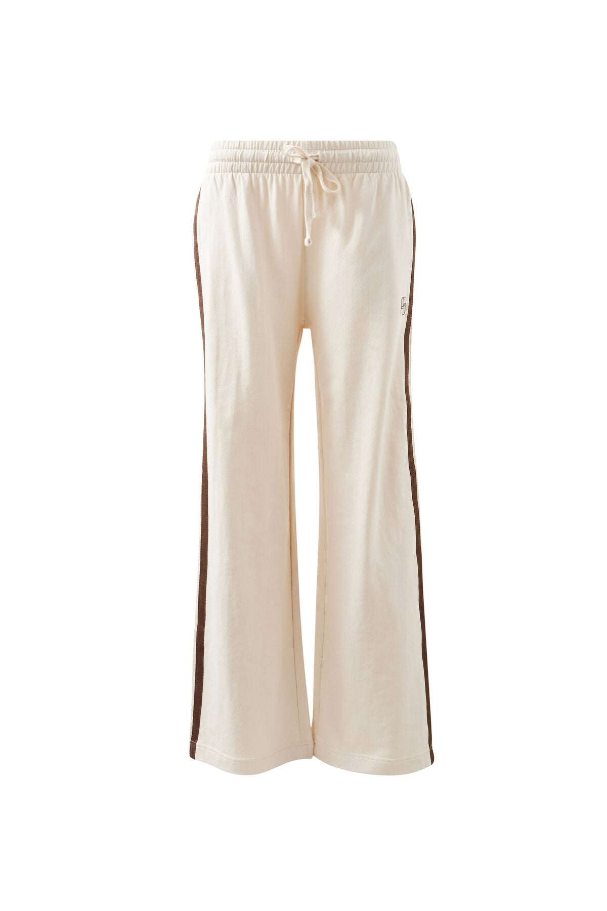Gigi Wide Leg Terry Trackpant - Buff/Chocolate Side Stripe