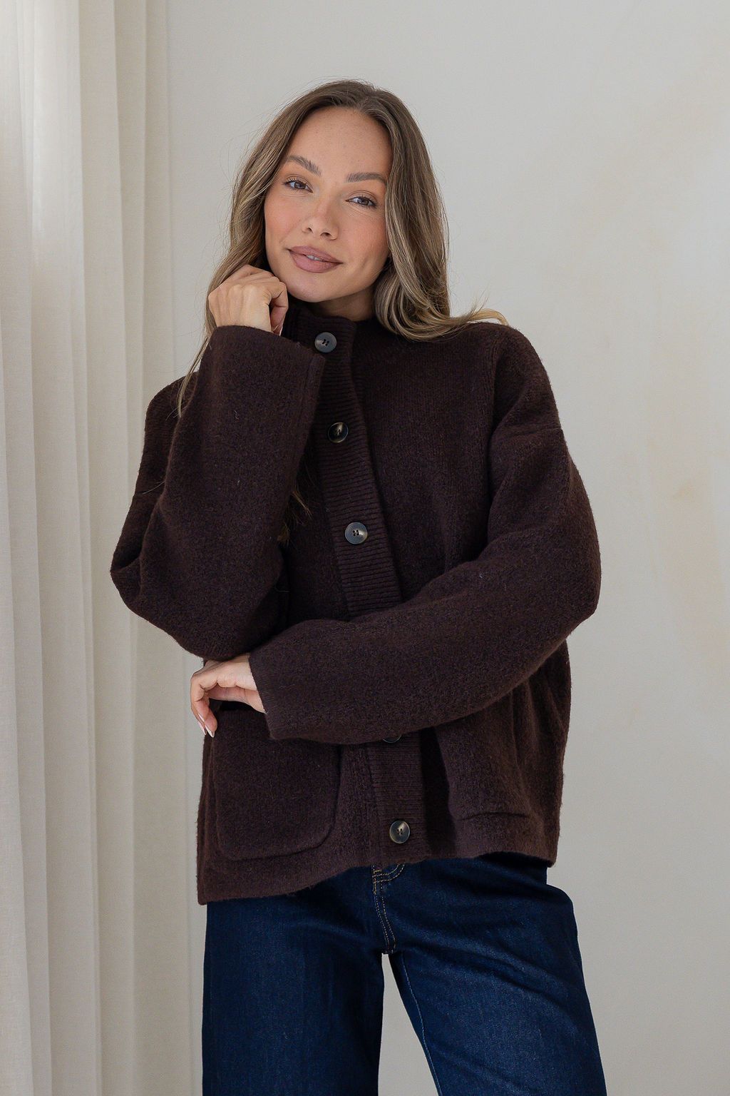 Funnel Neck Pocket Cardi - Chocolate