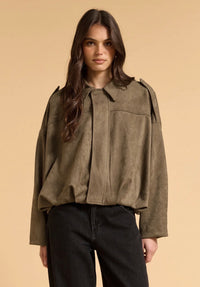 Faux Suede Bomber Jacket – Khaki