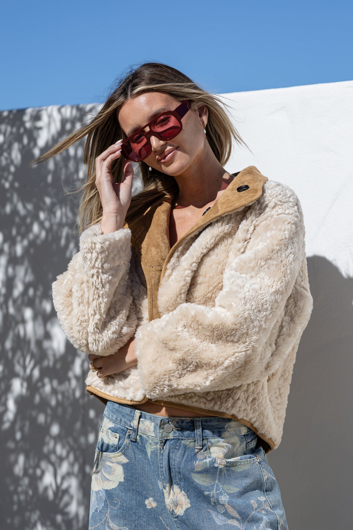 Two Way Reversible Teddy Jacket - Tan/Natural