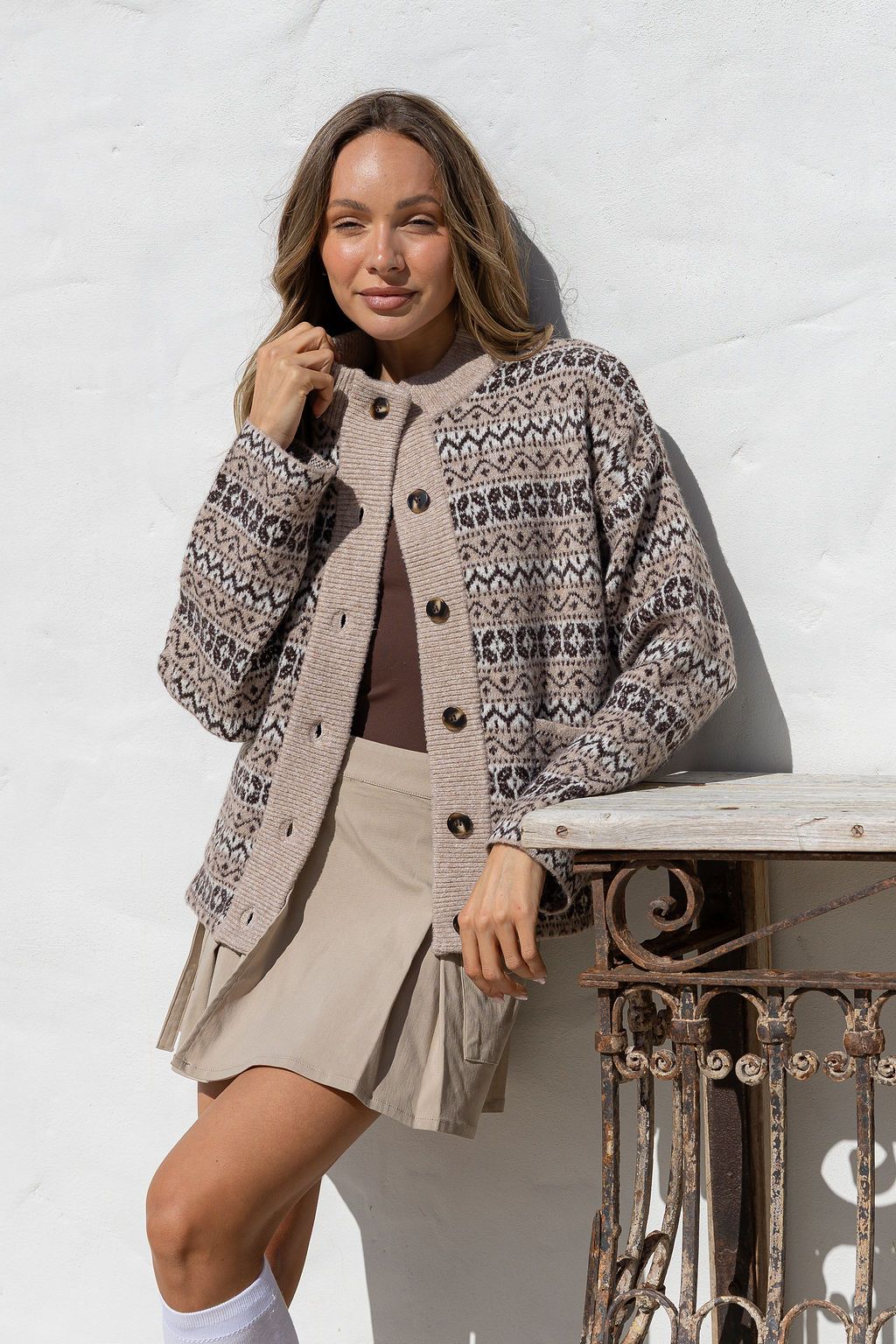 Fair Isle Funnel Neck Cardi - Warm Beige