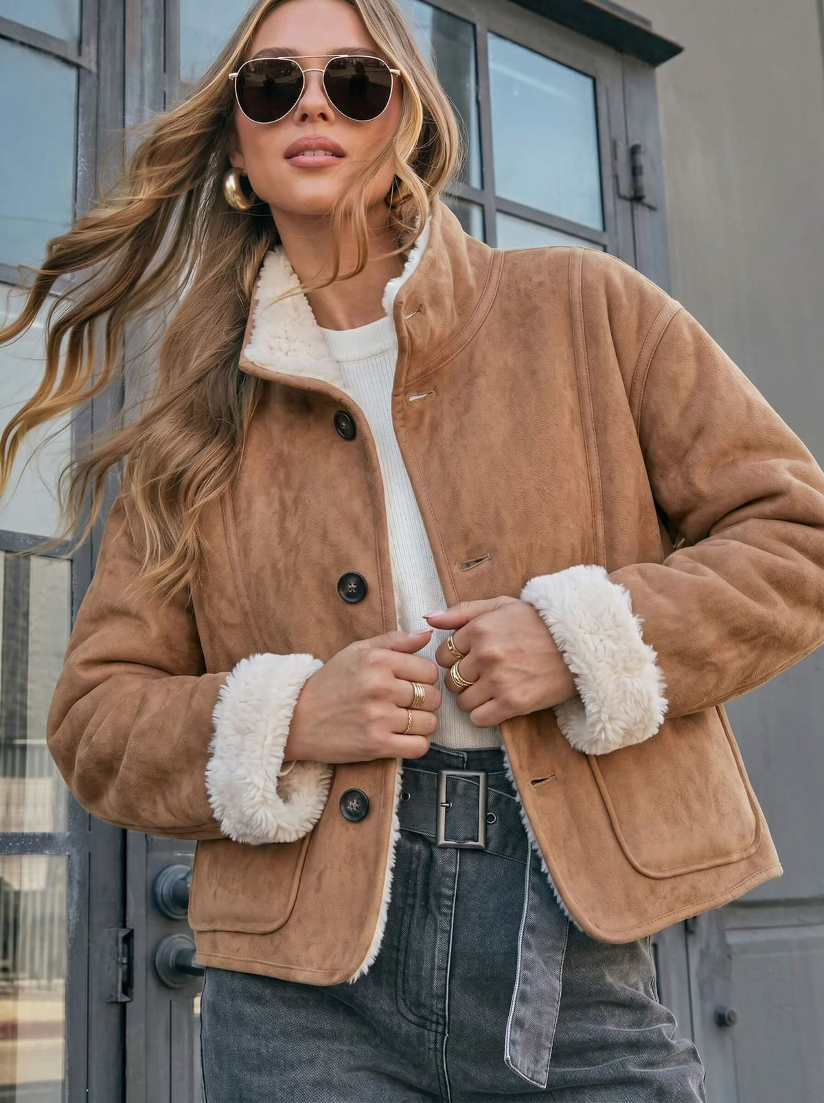 Two Way Reversible Teddy Jacket - Tan/Natural