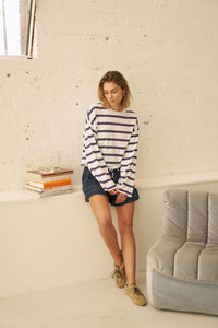 Beau Tie Slouchy Tee - White/Polo Choc Stripe