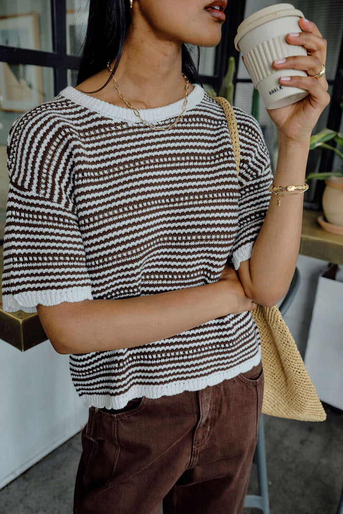 Nina Boxy Knit Tee - Chocolate Stripe