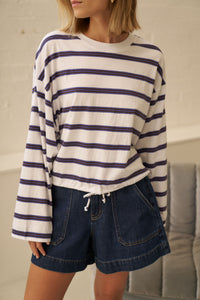 Beau Tie Slouchy Tee - White/Polo Choc Stripe