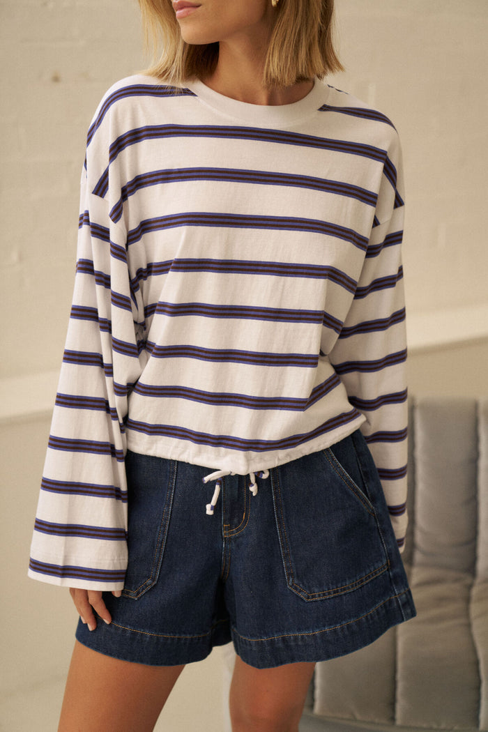 Beau Tie Slouchy Tee - White/Polo Choc Stripe