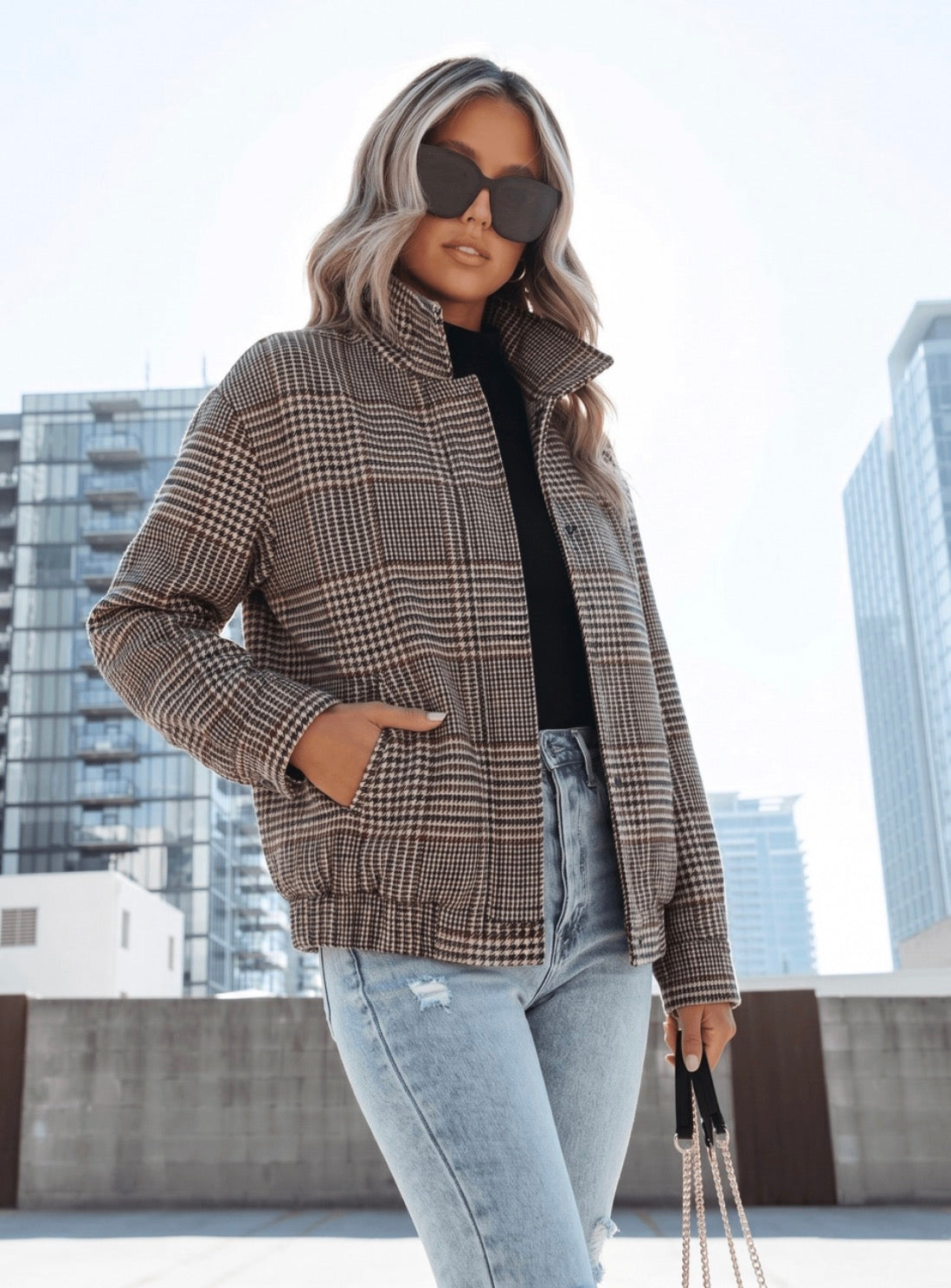 Check Bomber Jacket - Brown