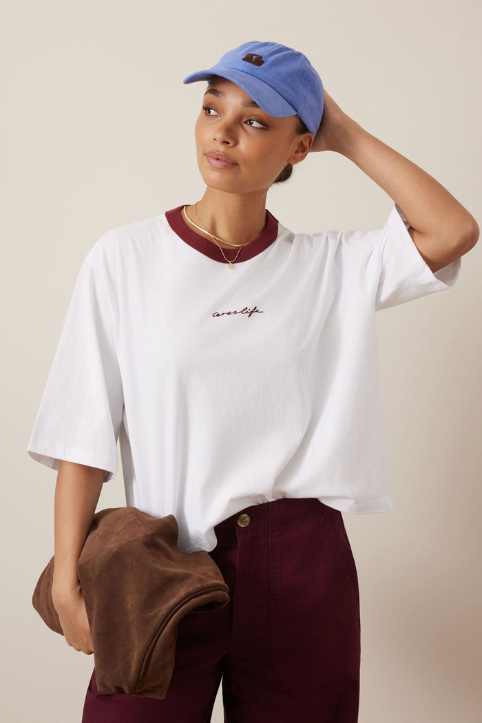 Macy Print Tee - White/Mulberry Script