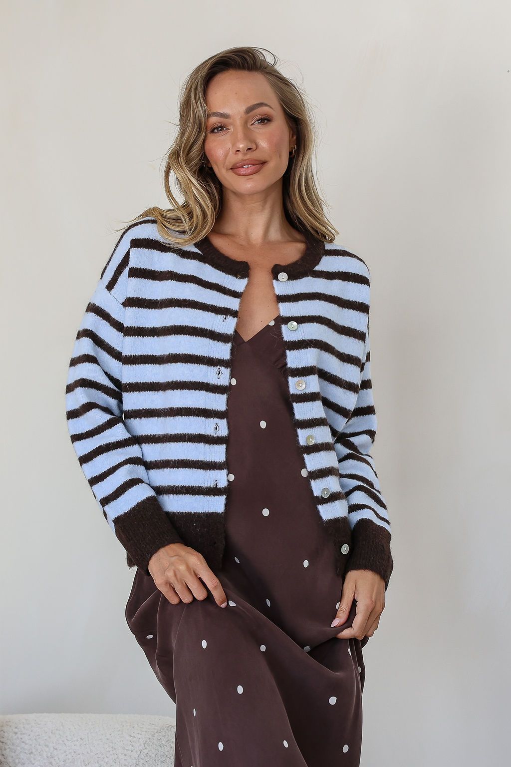 Stripe Zara Cardi - Blue/Chocolate