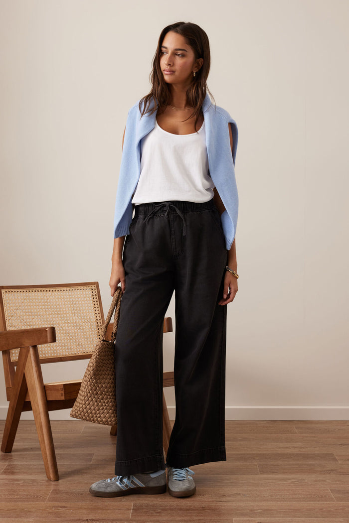 Andie Wide Leg Drawstring Pant - Washed Black