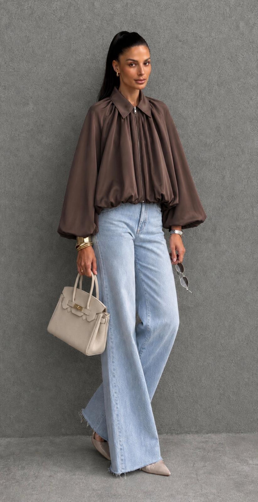 Drape Balloon Hem Jacket - Chocolate. Sare Store