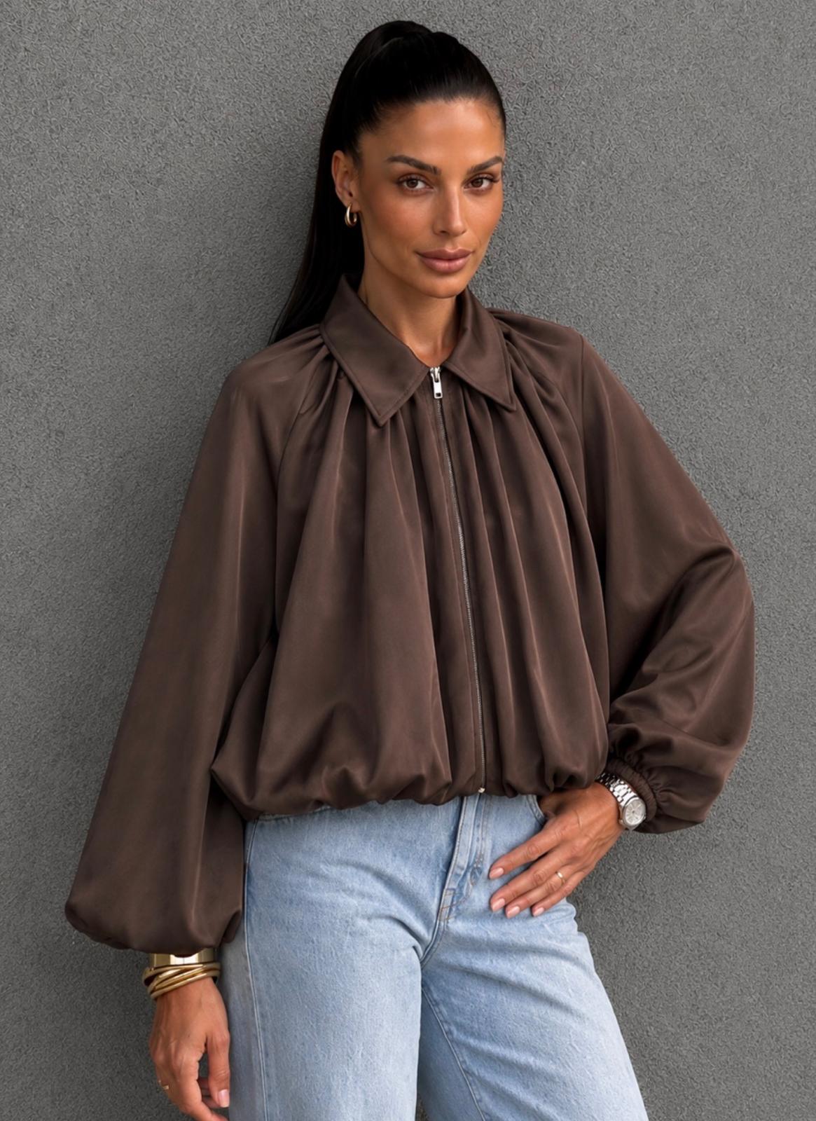 Drape Balloon Hem Jacket - Chocolate. Sare Store