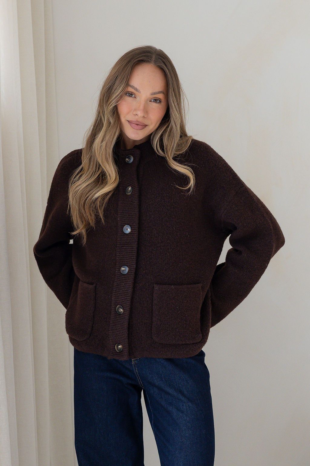 Funnel Neck Pocket Cardi - Chocolate