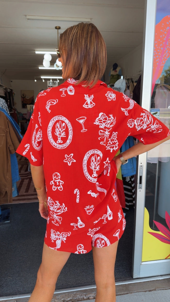 Red Santa Print Short Set