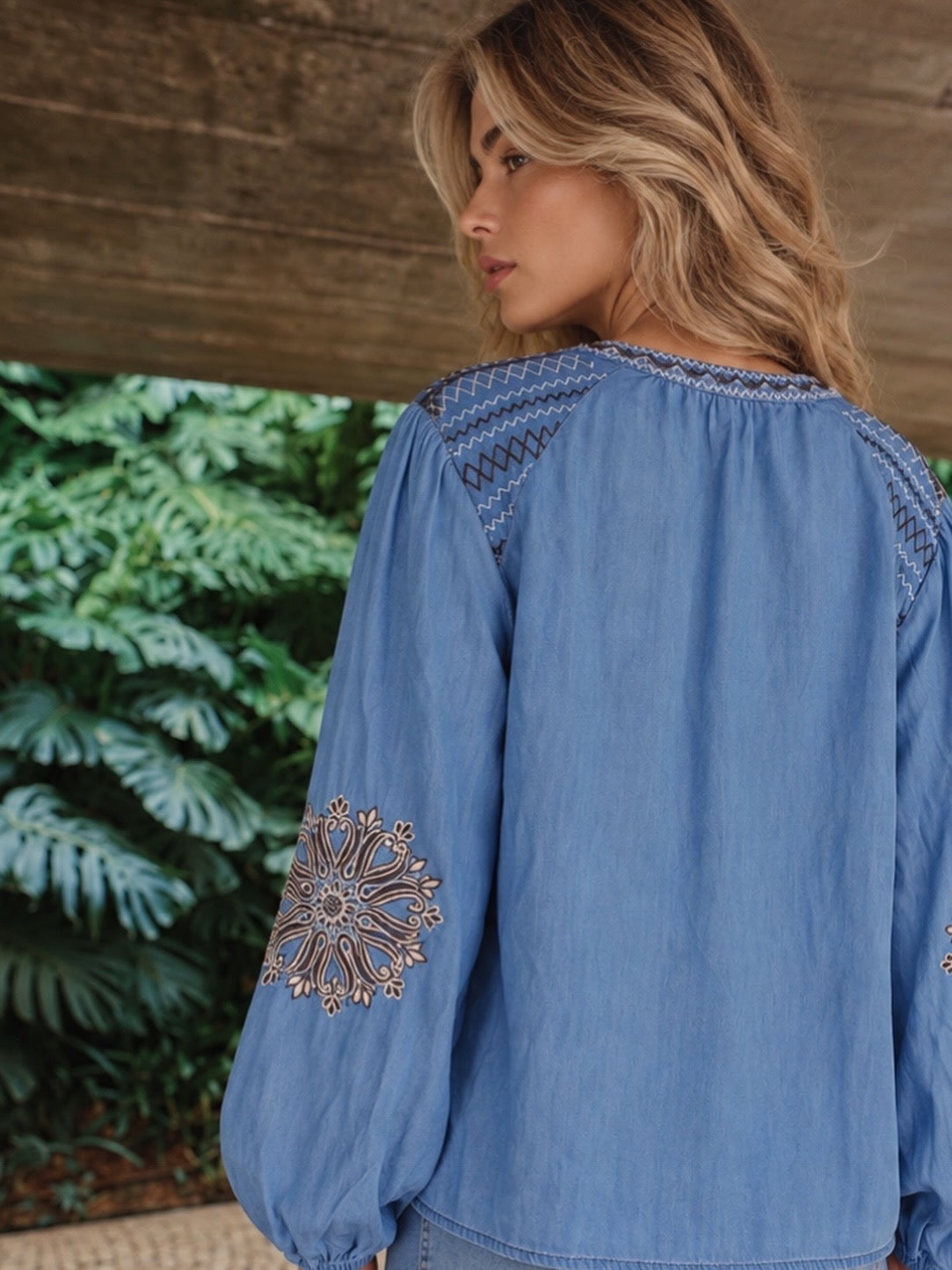 Boho Embroidered Tencel Denim Blouse - Mid Blue