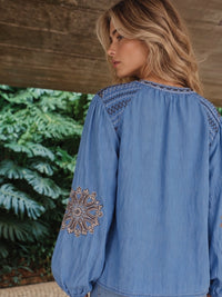 Boho Embroidered Tencel Denim Blouse - Mid Blue