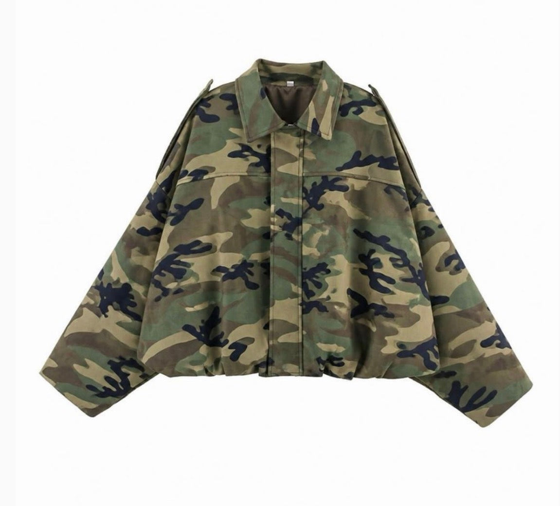 Suede Zip Gather Hem Bomber Jacket - Camo