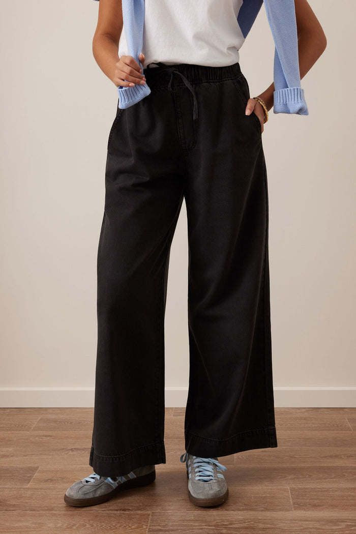 Andie Wide Leg Drawstring Pant - Washed Black