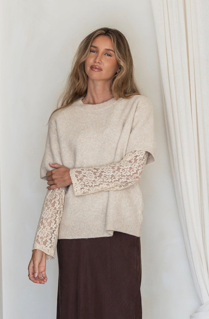 Lace Sleeve Overlay Knit - Latte