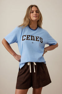 Stevie Slouchy Tee - Powder blue/chocolate varsity