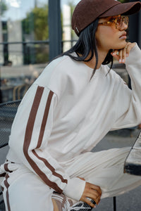 Sasha Sporty Slouchy Crew - Buff Chocolate Side Stripe