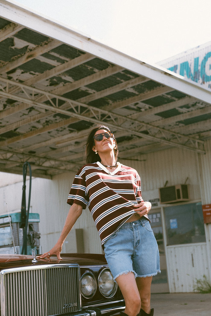 THE DRIFTER | V Tee - Cream Burgundy Stripe