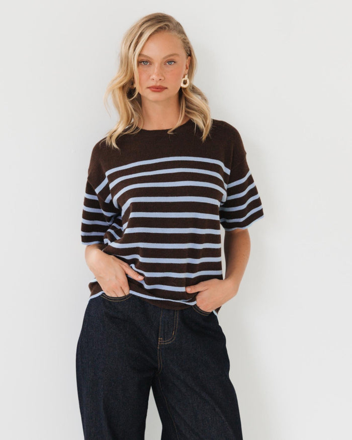 Sadie Stripe Knit Tee - Chocolate Blue