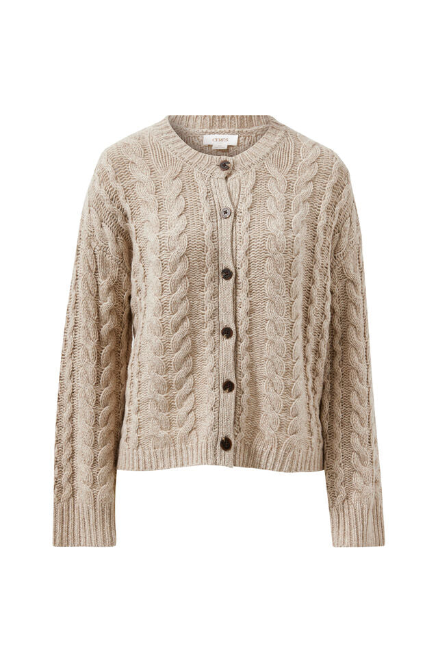 Beige cable knit cardigan on a white background