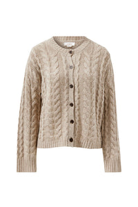 Beige cable knit cardigan on a white background