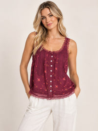 Embroidered Lace Button Cami - Wine