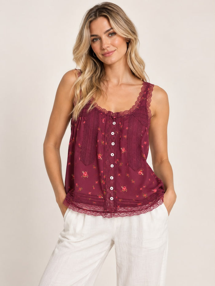 Embroidered Lace Button Cami - Wine
