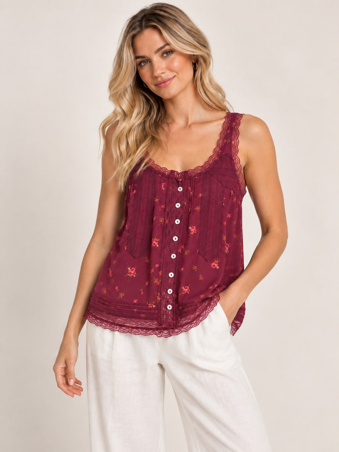 Embroidered Lace Button Cami - Wine